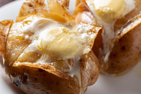 Baked potatoes with butter on a white plate. Close-up.の写真素材