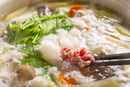 Chinese soup with vegetables and meat, close up shot, horizontal pictureの写真素材