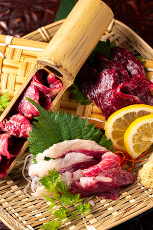 Japanese cuisine, Sashimi and sashimi in bamboo basketの写真素材