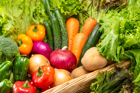 Fresh Vegetables and Fruits as ingredients in cooking. Food backgroundの写真素材