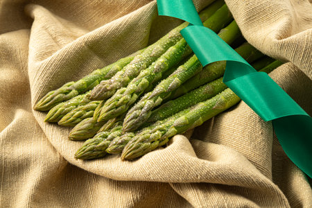 Bunch of fresh green asparagus on a burlap backgroundの写真素材