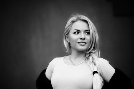 Black and white portrait of beautiful young girlの写真素材