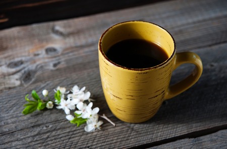 Coffee cup and flowers on garden table.の写真素材