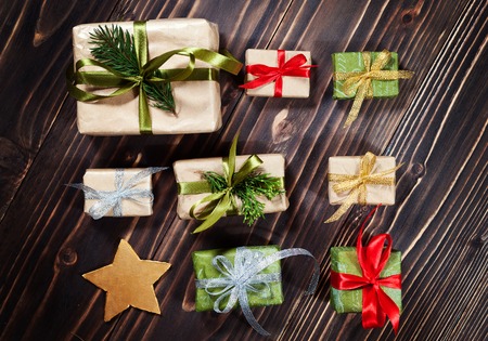 Christmas gift boxes collection for mock up template design. View from above. Flat lay.の写真素材