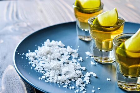 Tequila shot with lime and sea salt on grey platecopyspaceの写真素材