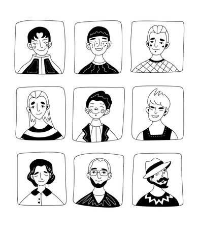 set of portraits of male faces in cartoon styleのイラスト素材