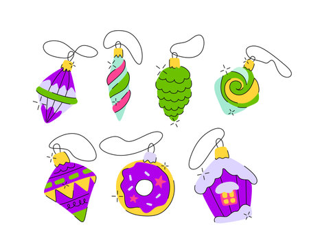 Collection of flat vector illustrations. New Year's decor. Christmas decorations. New Year's toys. Colored elements on a white background.のイラスト素材