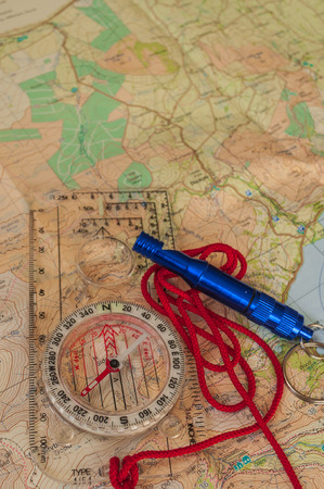 Compass on Map and Rescue Whistleの写真素材