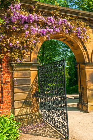 Garden Stone Arched Gateway Surrounded by Flowersの写真素材