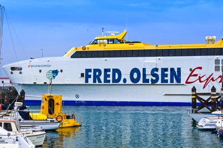 Playa Blanca, Lanzarote, Canary Islands Spain - December 13, 2014: The Ferry Bocayna Express,Fred Olsen Line in the harbour at Playa Blanca Lanzarotteのeditorial素材