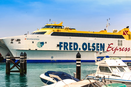 Playa Blanca, Lanzarote, Canary Islands Spain - December 13, 2014: The Ferry Bocayna Express,Fred Olsen Line in the harbour at Playa Blanca Lanzarotteのeditorial素材