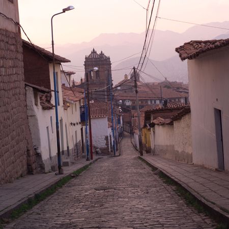 Cusco Peru, Cobblestone street in Cuscoの写真素材
