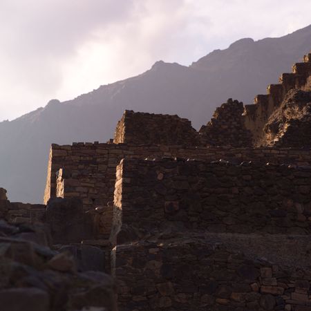 Ollantaytambo Ruins in Peru, Ollantaytambo Ruins at mountain sideの写真素材