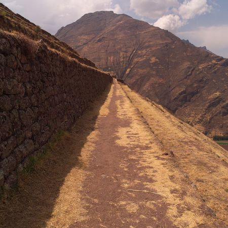Ruins of Pisaq - Temple of the Sun in Peru, Tiered levels on mountain sideの写真素材