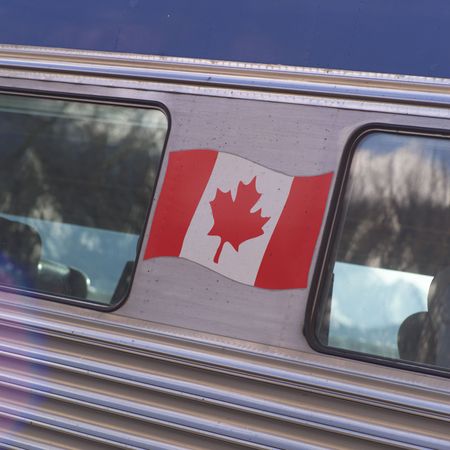 Jasper Alberta, Canadian flag on side of trainの写真素材