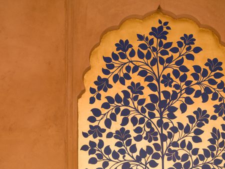 Painted floral mural on a wall in Agra, Indiaの写真素材
