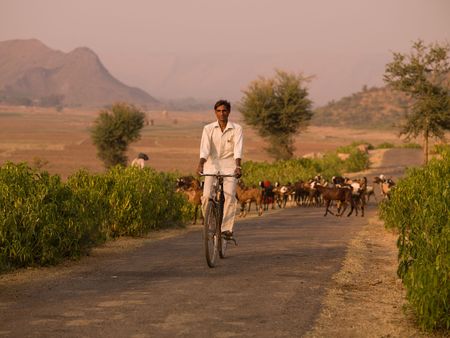 Indian man riding a bike on rural roadの写真素材