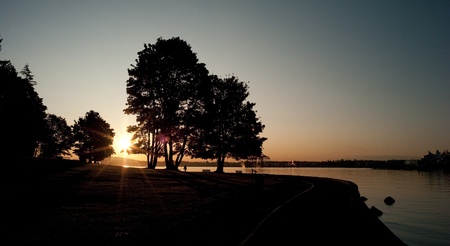 Sea wall at dusk in Vancouver, British Columbia, Canadaの写真素材
