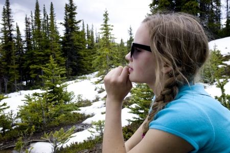 Girl at Bald Hills Trail, Jasper National Park, Alberta, Canadaの写真素材