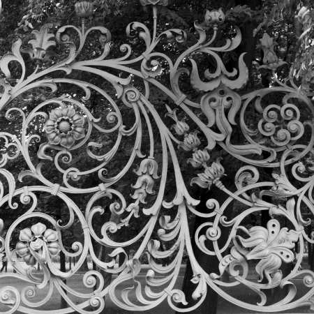 Mikhailovsky Park viewed through from gate of Church of the Saviour on Spilled Blood, St. Petersburg, Russiaの写真素材