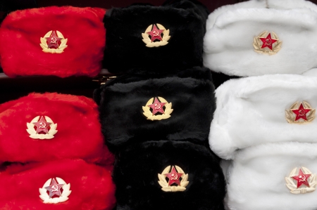 Display of woolly hats on a market stall, St. Petersburg, Russiaのeditorial素材