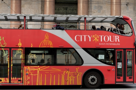 Tour bus in a city, St. Petersburg, Russiaのeditorial素材
