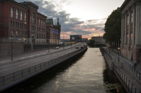 Buildings along a canal at dusk, Stockholm, Swedenのeditorial素材