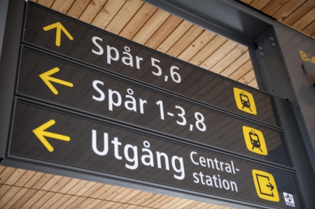 Low angle view of directional signs at a station, Uppsala, Swedenのeditorial素材