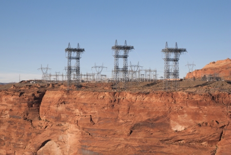 Electricity pylons over a dam, Glen Canyon Dam, Lake Powell, Page, Arizona-Utah, USA