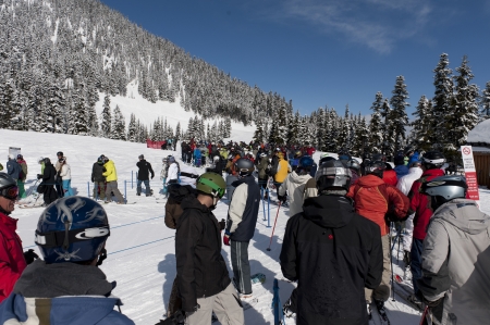 Skiers at Symphony Amphitheatre, Whistler, British Columbia, Canadaのeditorial素材