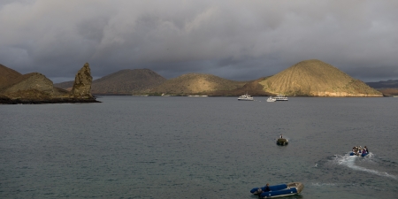 Tourists in the boats in the Pacific Ocean, Bartolome Island, Galapagos Islands, Ecuadorのeditorial素材