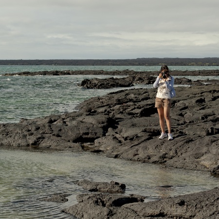 Woman photographing on the beach, Punta Espinoza, Fernandina Island, Galapagos Islands, Ecuadorのeditorial素材