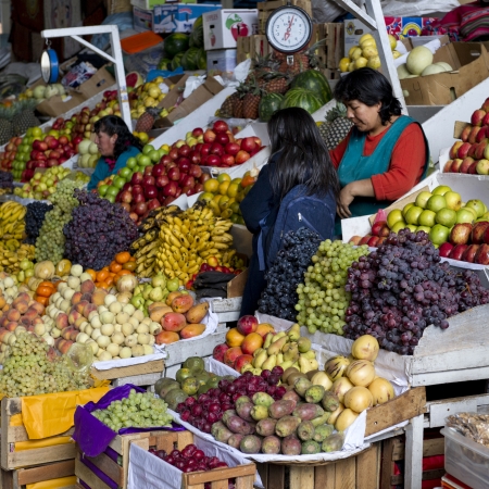 Fruits at a market stall, Mercado Central, Cuzco, Peruのeditorial素材