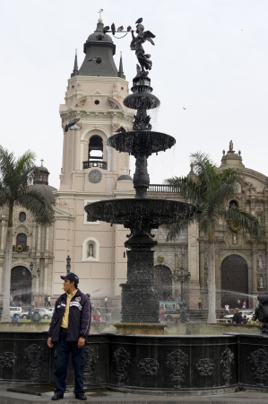 Fountain with Cathedral Of Lima in the background, Plaza Mayor, Historic Centre of Lima, Lima, Peruのeditorial素材