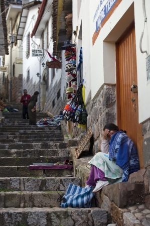 Street vendors along a stepped walkway, Cuzco, Peruのeditorial素材