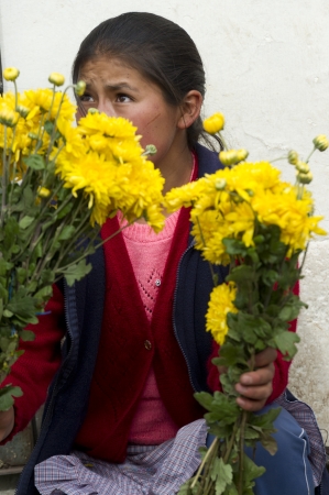 Woman selling daisies at Mercado Central, Cuzco, Peruのeditorial素材