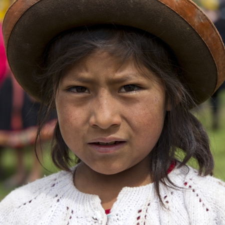Portrait of a Quechua Indian girl at Chumpepoke Primary School, Poques, Sacred Valley, Cusco Region, Peruのeditorial素材
