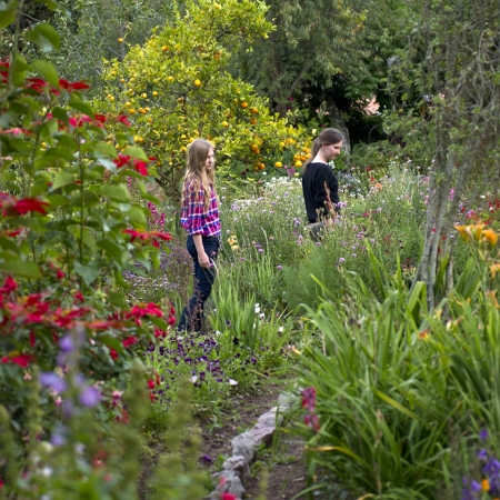Friends in the garden of Willka Tika Guesthouse, Willka Tika, Sacred Valley, Cusco Region, Peruのeditorial素材