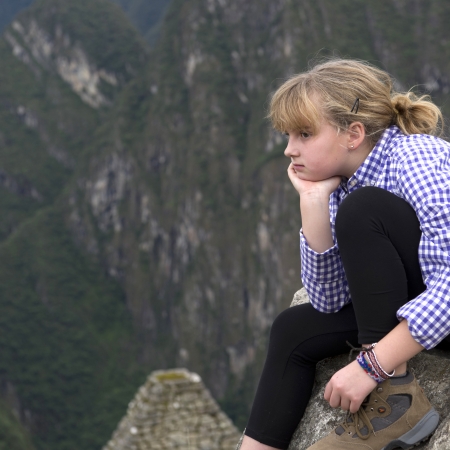 Girl at The Lost City of The Incas, Machu Picchu, Cusco Region, Peruのeditorial素材