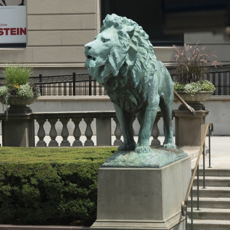 Statue of lion in front of Art Institute of Chicago, Grant Park, Chicago, Cook County, Illinois, USAの写真素材