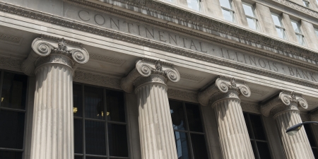 Low angle view of a bank building, Continental Illinois, LaSalle Street, Chicago, Cook County,...