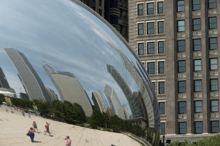 Reflection of buildings on Cloud Gate sculpture, Millennium Park, Chicago, Cook County, Illinois, USAのeditorial素材