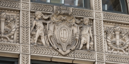 Details of carving on the wall of a building, Chicago, Cook County, Illinois, USAの写真素材