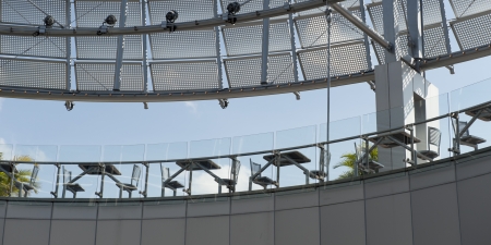 Empty tables and chairs on the terrace of a cafe, Universal Studios, Orlando, Florida, USA