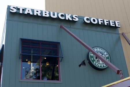 Starbucks Coffee Caf exterior at Universal CityWalk, Universal Studios, Orlando, Florida, USAのeditorial素材