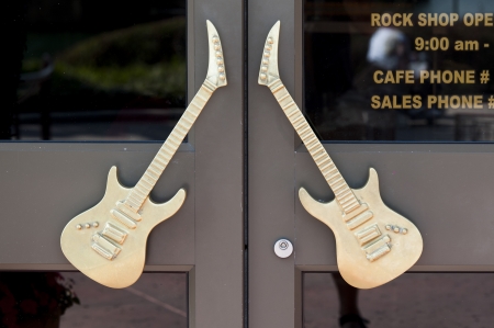 Sculpture of guitar on the door of Hard Rock Cafe, Universal Studios, Orlando, Florida, USAのeditorial素材