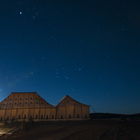 Tents at Erg Chigaga Luxury Desert Camp in Sahara Desert, Souss-Massa-Draa, Moroccoのeditorial素材