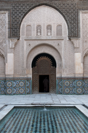 Architecture detail of the Ben Youssef Madrasa, Medina, Marrakesh, Moroccoのeditorial素材