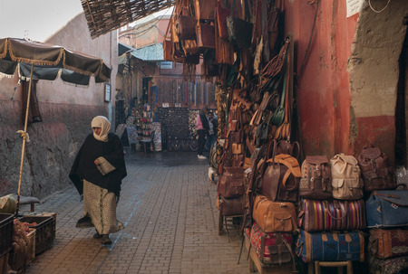 Display of bags at street market, Marrakesh, Moroccoのeditorial素材
