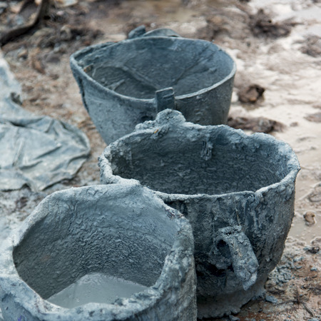 Dye buckets at tannery in medina of Marrakesh, Moroccoの写真素材